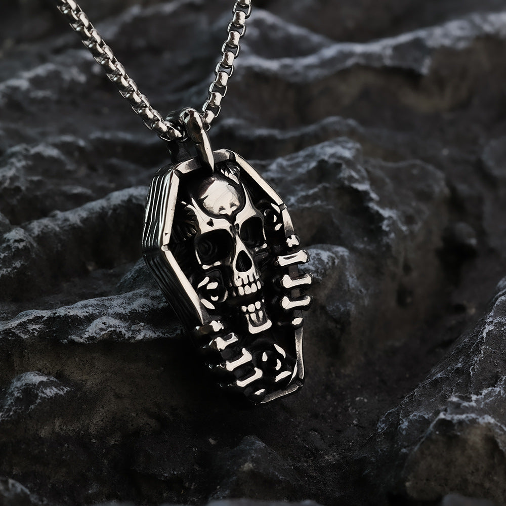 Men's Steel Coffin Skull Hand With Rose Pendant Necklace