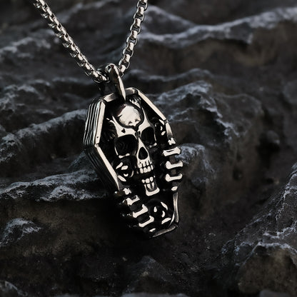Men's Steel Coffin Skull Hand With Rose Pendant Necklace