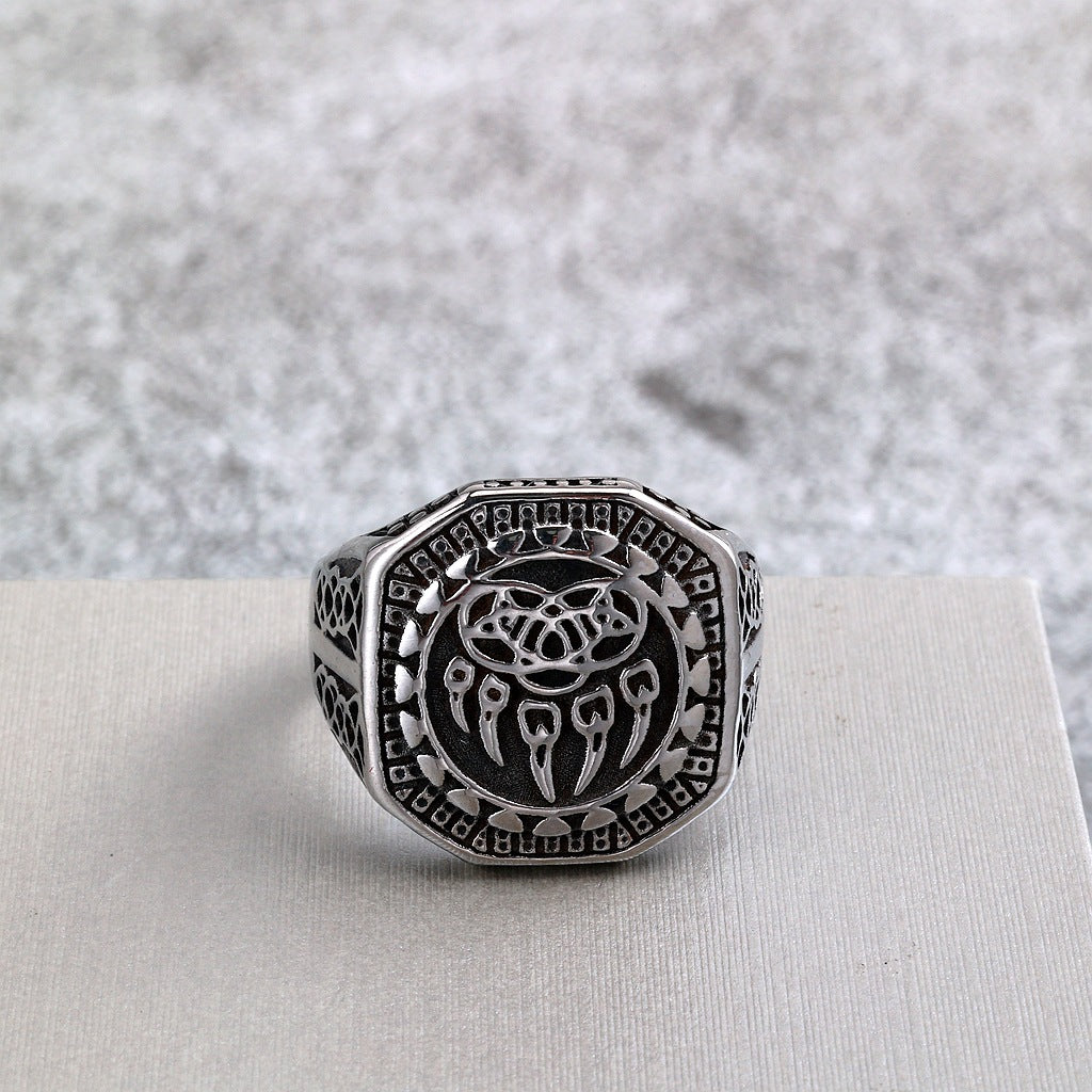 Vintage Solid Stainless Steel Engraved Viking Hollow Bear Claw Octagon Signet Ring for Men