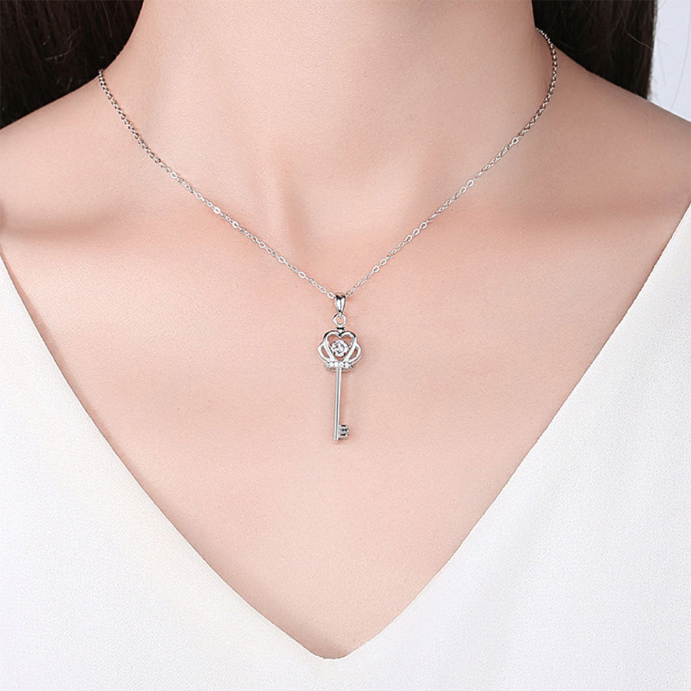 Women's White Gold Crown Key Shape Beating Heart Mossanite Pendant