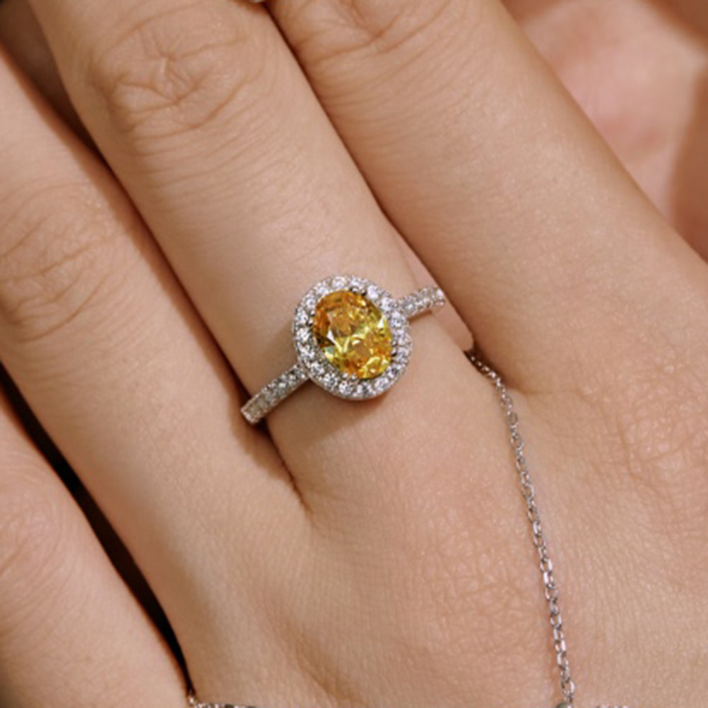 Women's S925 Silver White Gold Tone Ring, Yellow Oval Zircon Inlaid Fashion Ladies Ring