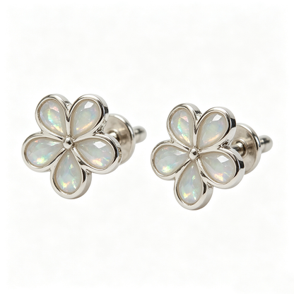 Women's Five Petal Flower Inlaid White & Blue Opal Stud Earrings, White Gold Plating
