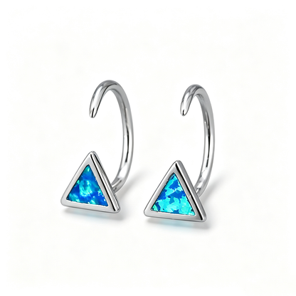 Women's Triangle Bezel Blue & White Opal C Hook Earrings, White Gold Plating