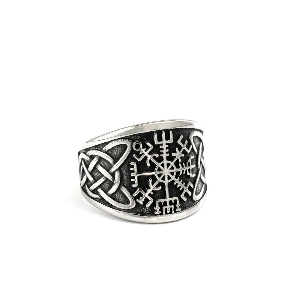 Vintage Solid Stainless Steel Viking Compass Rune Ring for Men