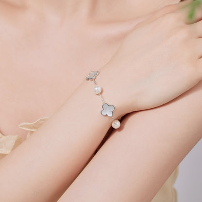 Women's Adjustable Bracelet, White Pearl With White Shell Clover Inlay, S925 with White Gold Plating