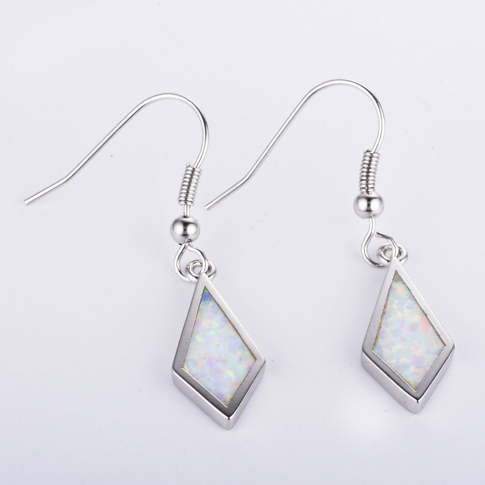 Women's Rhombus Shape Hook Dangle Earrings, Blue Opal Inlay, White Gold Plating