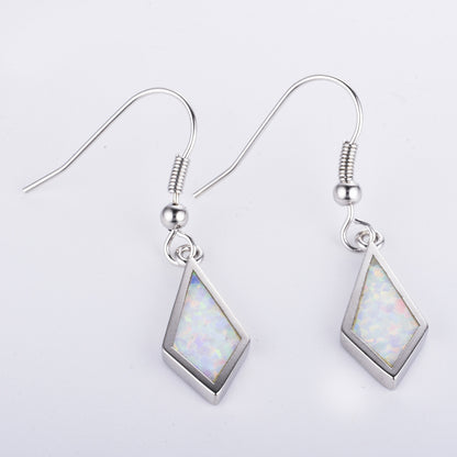 Women's Rhombus Shape Hook Dangle Earrings, Blue Opal Inlay, White Gold Plating