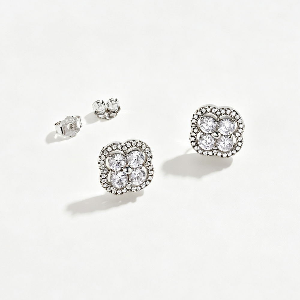 Women's Clover Halo Stud Earrings, Round Clear Zirconia, S925 with White Gold Plating