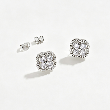 Women's Clover Halo Stud Earrings, Round Clear Zirconia, S925 with White Gold Plating