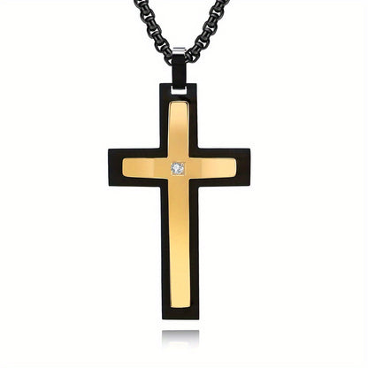 Men's Double-Layered Four-Sided Chamfered Zircon-Encrusted Cross Pendant Necklace