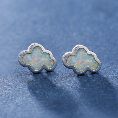 Women's Cloud‑Shape Stud Earrings, Blue Opal / White Opal Inlay, with White Gold Plating