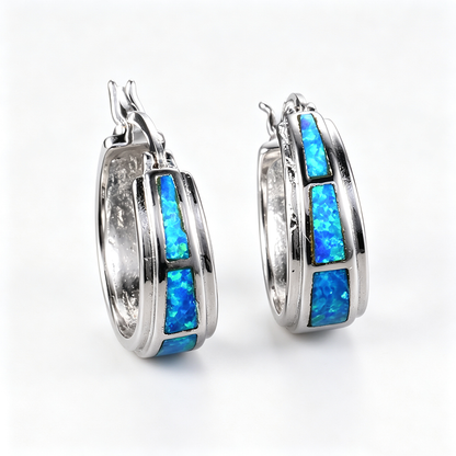Women's Hoop Huggie Earrings, Center Inlaid White Opal / Blue Opal, with White Gold Plating