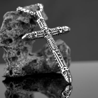 Vintage Stainless Steel Gothic Punk Engraved Pattern Cross Pendant Necklace for Men