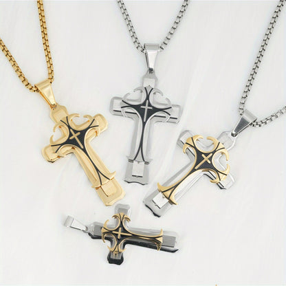 Men's Domineering Pattern Three-Layer Cross Necklace