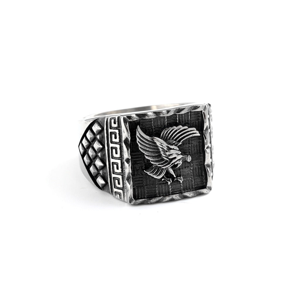 Vintage Solid Stainless Steel Eagle Embossed Square Signet Ring for Men