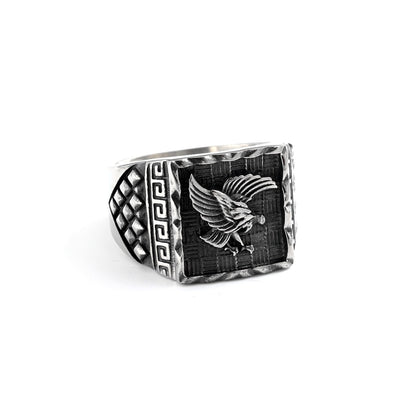 Vintage Solid Stainless Steel Eagle Embossed Square Signet Ring for Men
