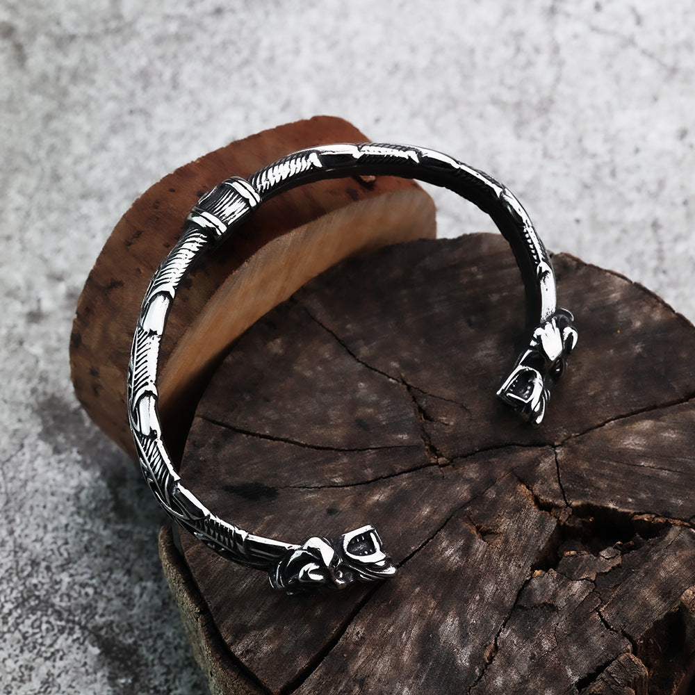 Viking Double Wolf Head Open C Bracelet for Men, Nordic Pirate Vintage Stainless Steel Cuff Bangle