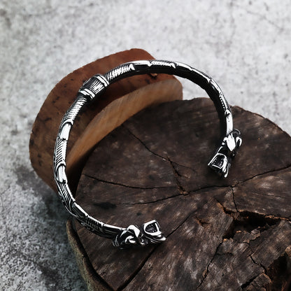 Viking Double Wolf Head Open C Bracelet for Men, Nordic Pirate Vintage Stainless Steel Cuff Bangle