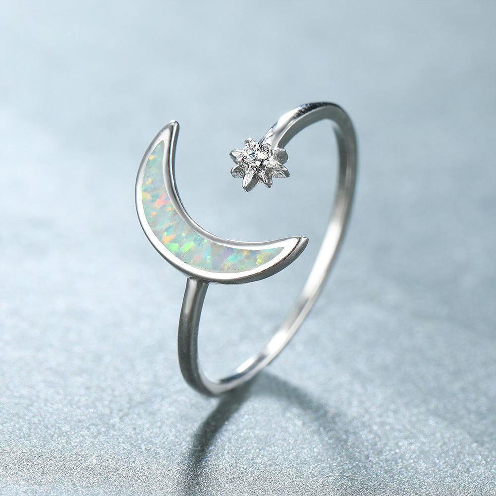 Women's Crescent Moon Shooting Star Opal with Zirconia Ring