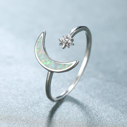 Women's Crescent Moon Shooting Star Opal with Zirconia Ring