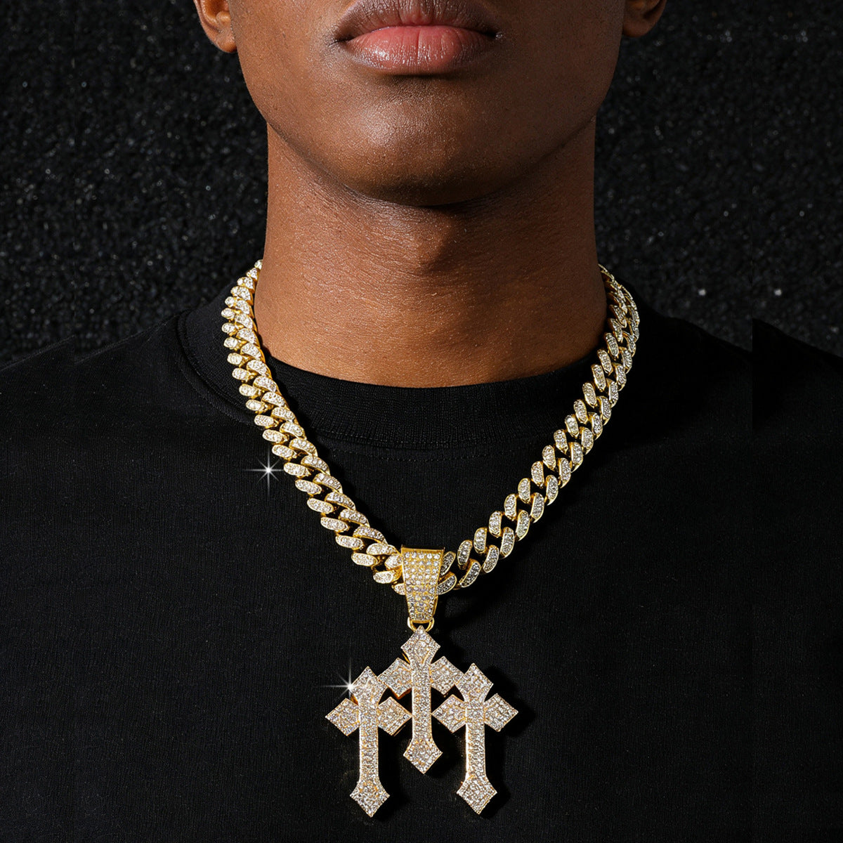 Hip-Hop Three Crosses Spliced Cuban Chain Pendant Necklace