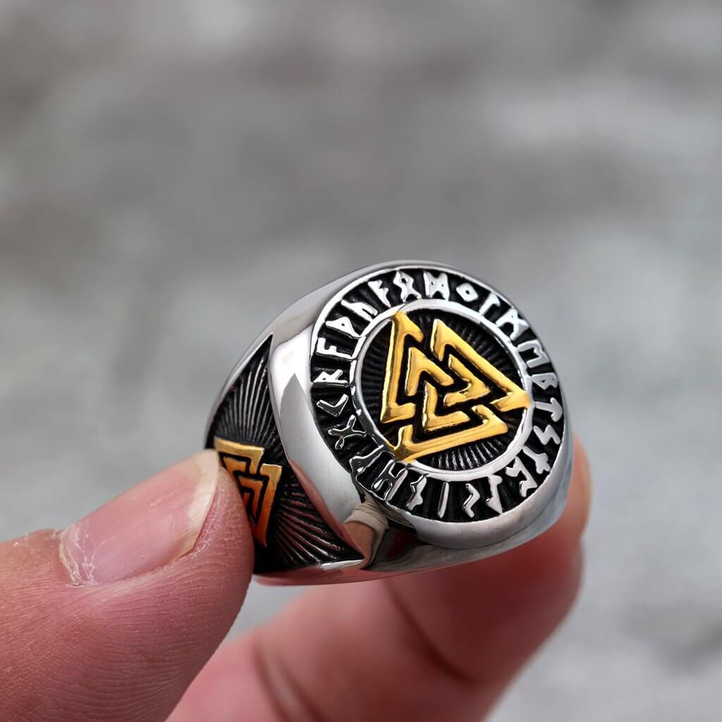 Vintage Nordic Solid Stainless Steel Viking Rune Triangle Ring for Men
