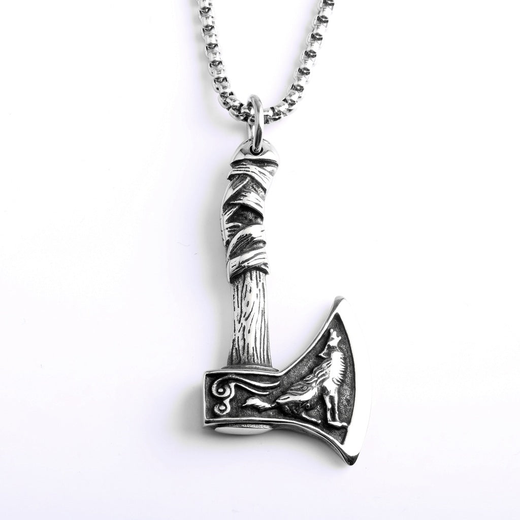 Men's Steel Viking Wolf Axe Pendant Necklace