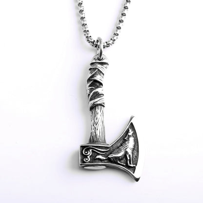 Men's Steel Viking Wolf Axe Pendant Necklace