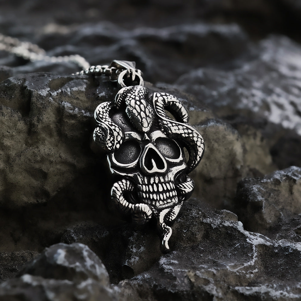 Men's Steel Snake Wrapped Skull Pendant Necklace