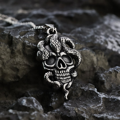 Men's Steel Snake Wrapped Skull Pendant Necklace
