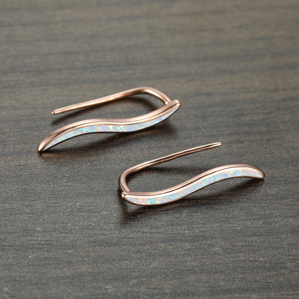 Women's Curved Arc Hook Earrings Inlaid Blue Opal ,Rose Gold Plating/White Gold Plating