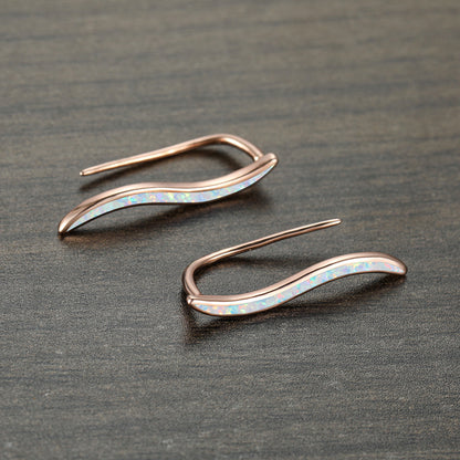 Women's Curved Arc Hook Earrings Inlaid Blue Opal ,Rose Gold Plating/White Gold Plating