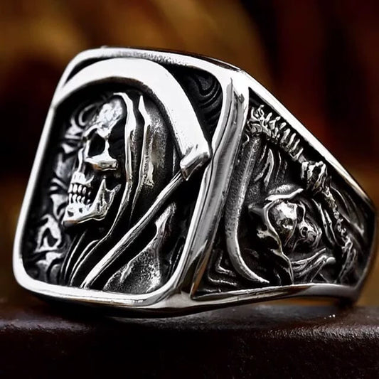 Vintage Stainless Steel Punk Solid Halloween Grim Reaper Skull Ring for Men