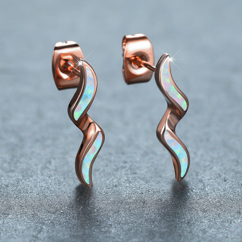 Women's Wavy Curve Inlaid Opal Drop Stud Earrings