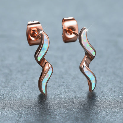 Women's Wavy Curve Inlaid Opal Drop Stud Earrings