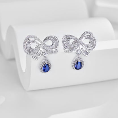 Women's Bow Drop Earrings, Blue Teardrop Stone with White Zirconia Halo, S925 with White Gold Plating