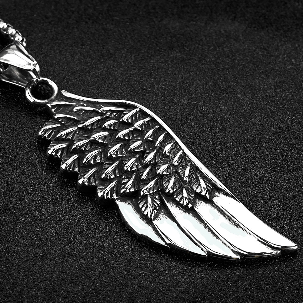 Vintage Stainless Steel Feather Wing Pendant Necklace for Men