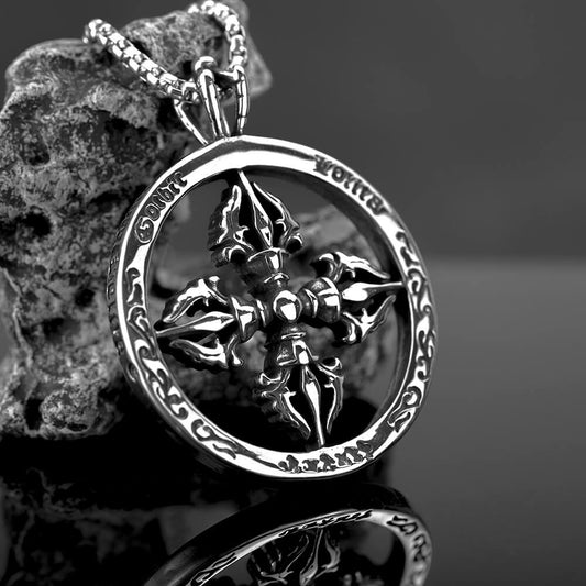 Men's Steel Hollow Vajra Round Pendant Necklace