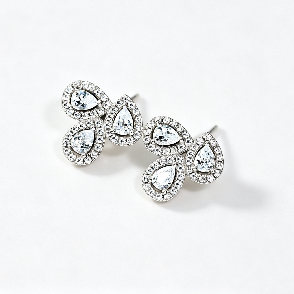 Women's Three‑Petal Flower Stud Earrings, Pear‑Shape Clear Zirconia with Zirconia Halo, S925 with White Gold Plating