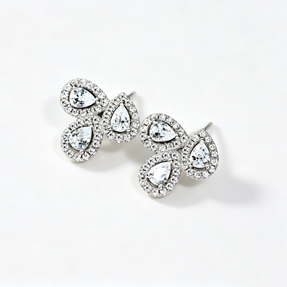 Women's Three‑Petal Flower Stud Earrings, Pear‑Shape Clear Zirconia with Zirconia Halo, S925 with White Gold Plating