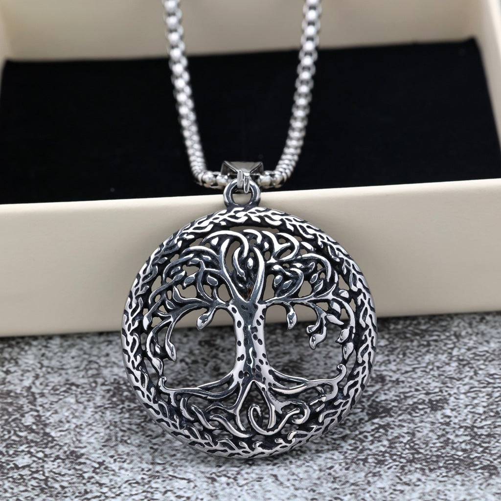 Vintage Stainless Steel Hollow Tree of Life Pendant Necklace for Men