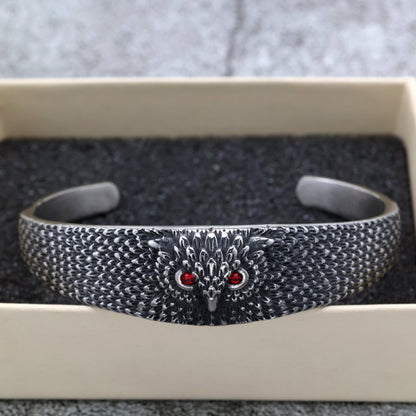 Vintage Owl Solid Stainless Steel Open C Bracelet for Men, European Retro Cuff Bangle