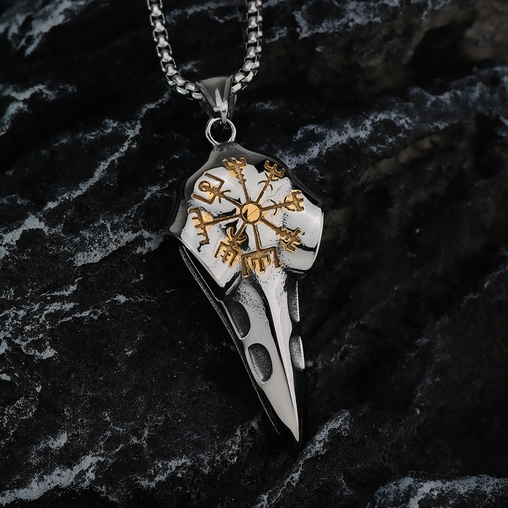 Vintage Stainless Steel Men's Viking Raven Head Pendant Necklace