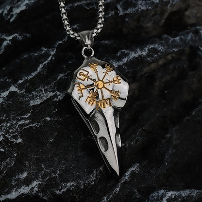Vintage Stainless Steel Men's Viking Raven Head Pendant Necklace