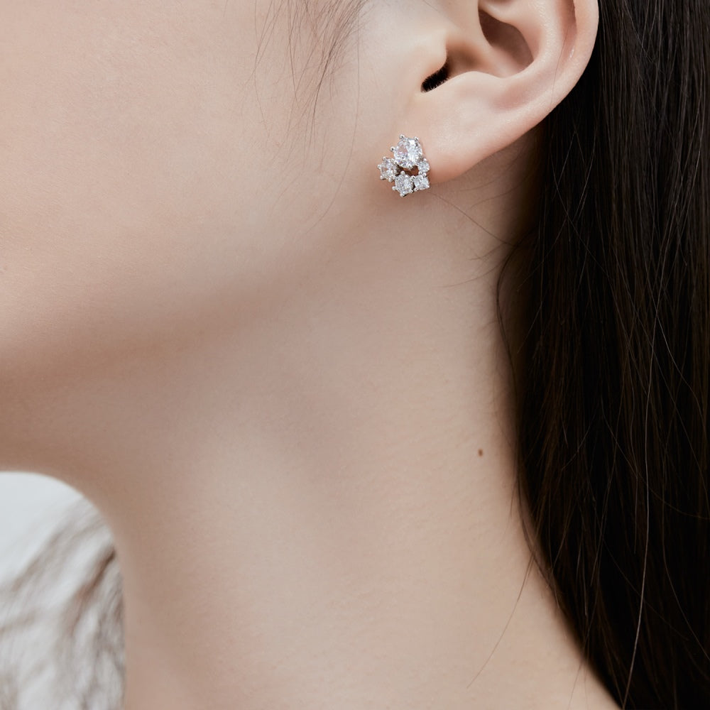 Women's Snowflake Cluster Stud Earrings, Round Clear Zirconia, S925 with White Gold Plating