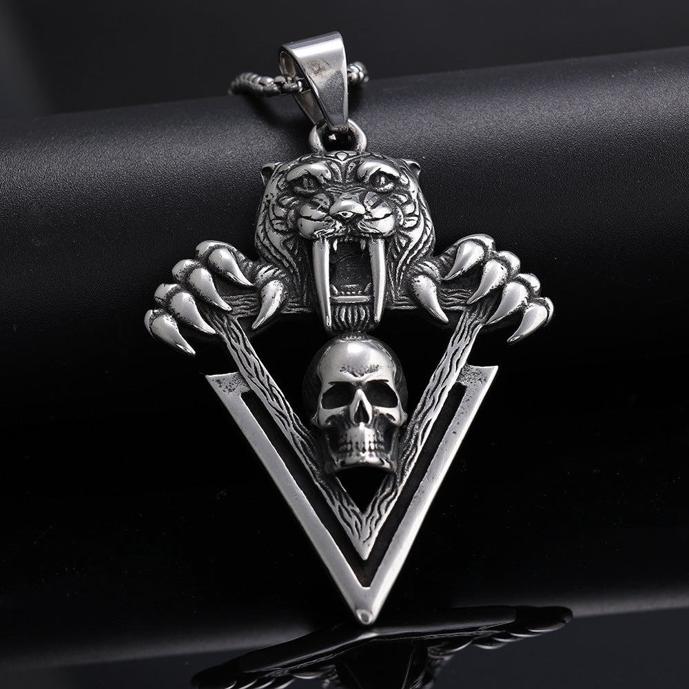 Men's Steel Sabertooth Tiger Skull Pendant Necklace