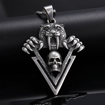 Men's Steel Sabertooth Tiger Skull Pendant Necklace