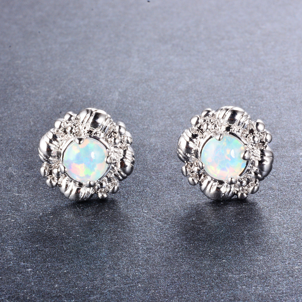 Women's Vintage Floral Cluster Round White / Blue Opal Stud Earrings, with White Gold Plating