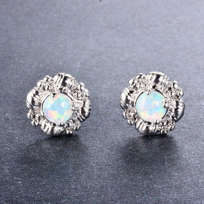 Women's Vintage Floral Cluster Round White / Blue Opal Stud Earrings, with White Gold Plating