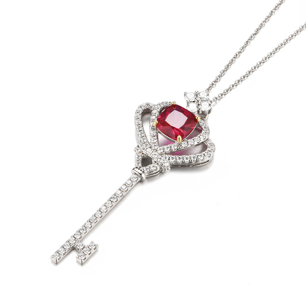 Women's Sterling Silver Ruby Sapphire Key Shape Full Diamond Crown Pendant